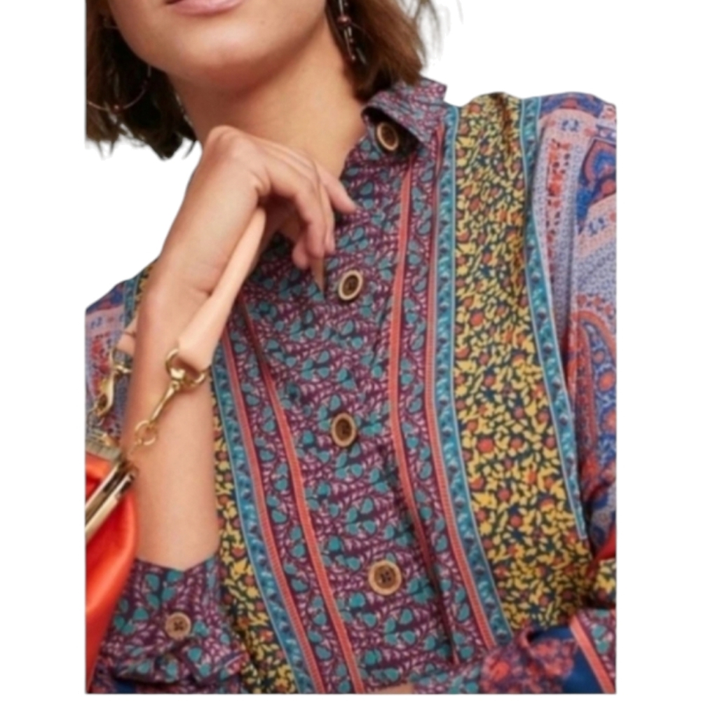 Anthropologie x Maeve Casablanca Silk Shirt Dress Mixed Print Size 0 - Picture 7 of 16